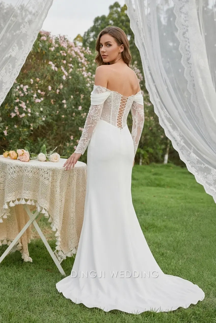 Elegant Mermaid Off-Shoulder Long Sleeve High Slit White Floor-Length Wedding Gown