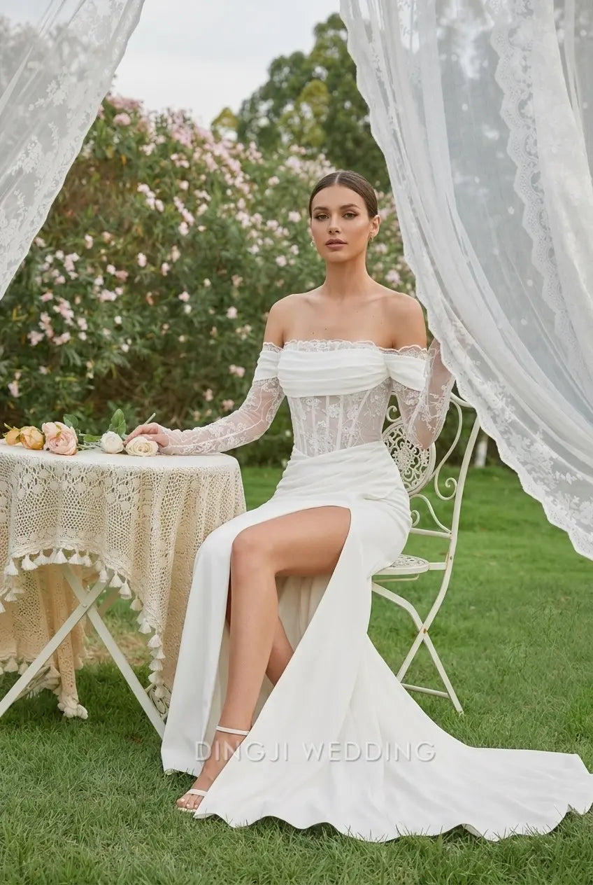 Elegant Mermaid Off-Shoulder Long Sleeve High Slit White Floor-Length Wedding Gown