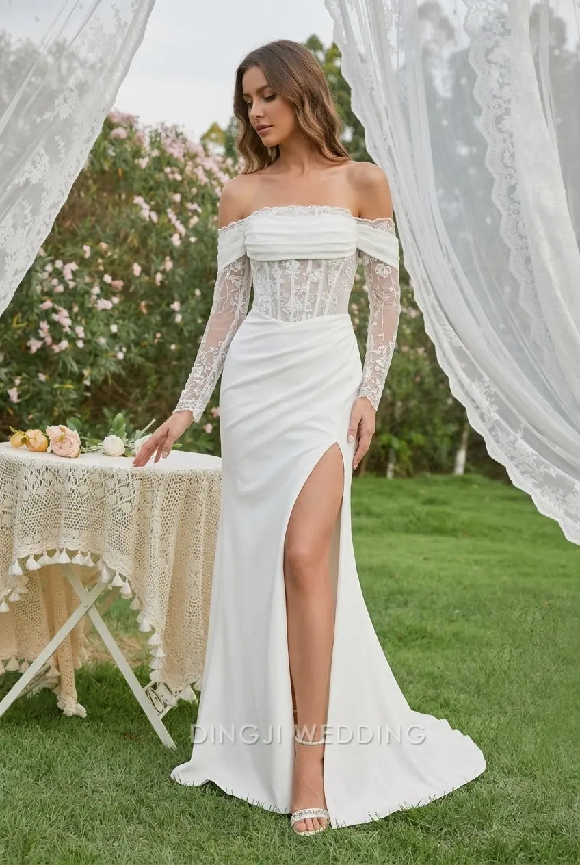 Elegant Mermaid Off-Shoulder Long Sleeve High Slit White Floor-Length Wedding Gown
