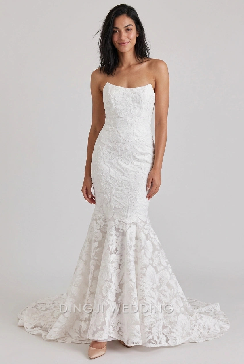 Elegant Mermaid Strapless Sleeveless Textured Floral Ivory Floor-Length Wedding Dresses Gown