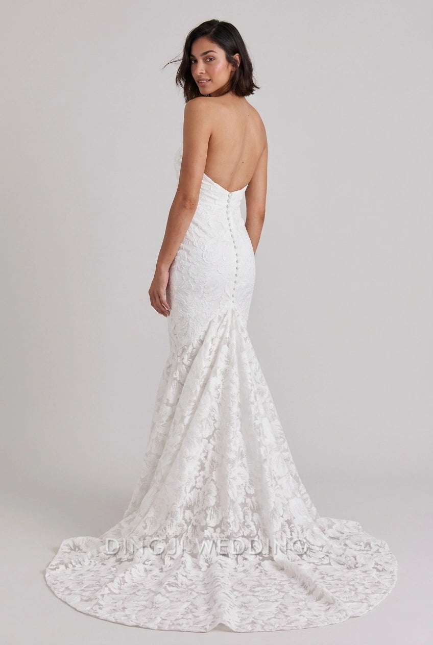Elegant Mermaid Strapless Sleeveless Textured Floral Ivory Floor-Length Wedding Dresses Gown