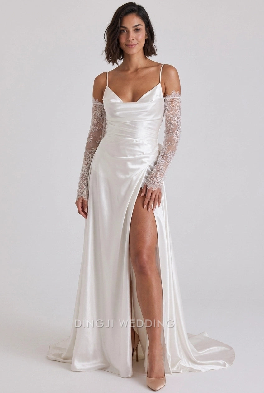 Elegant Sheath Cowl Neck Lace Sleeves High Slit Ivory Floor-Length Wedding Dress