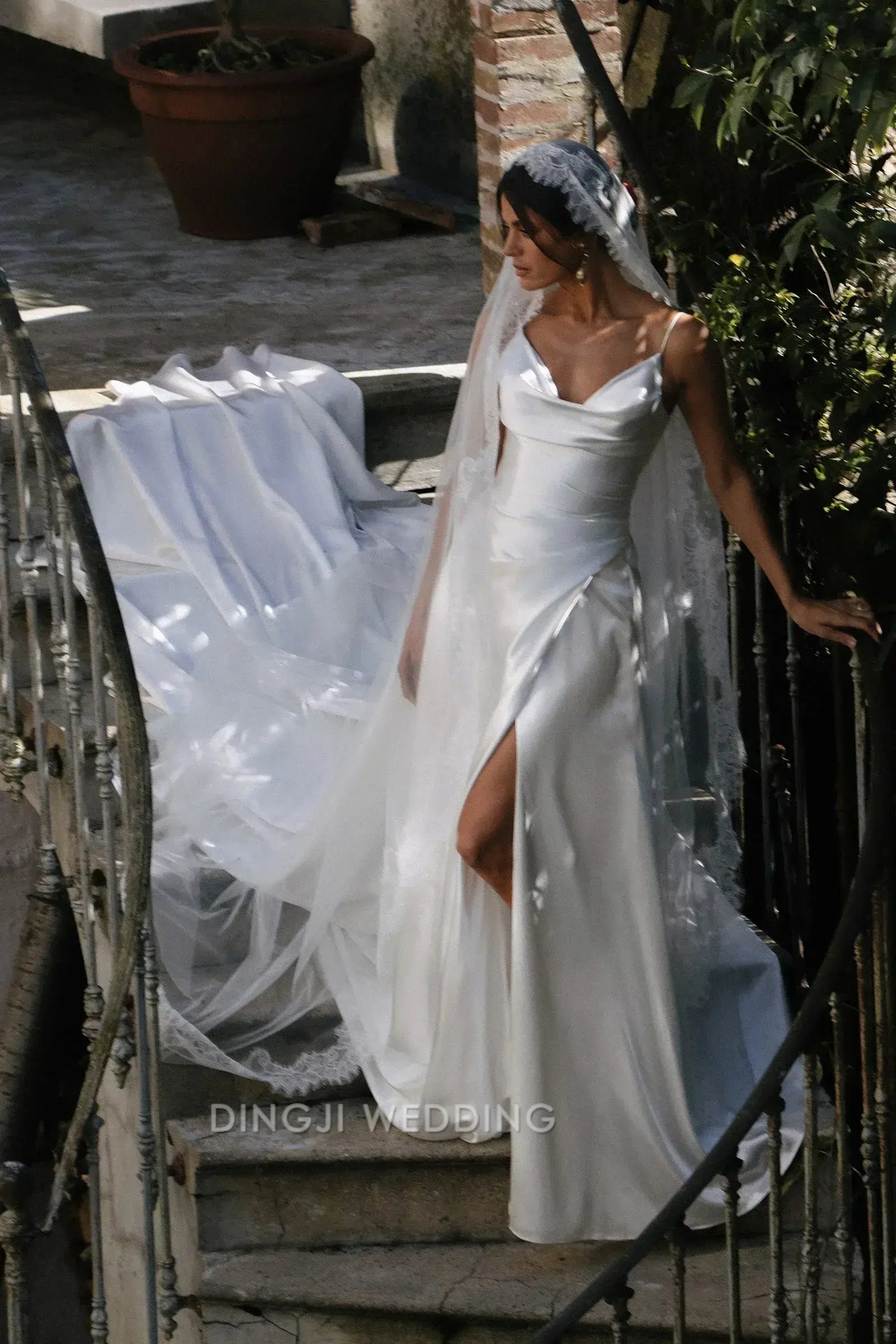 Elegant Sheath Cowl Neck Lace Sleeves High Slit Ivory Floor-Length Wedding Dress