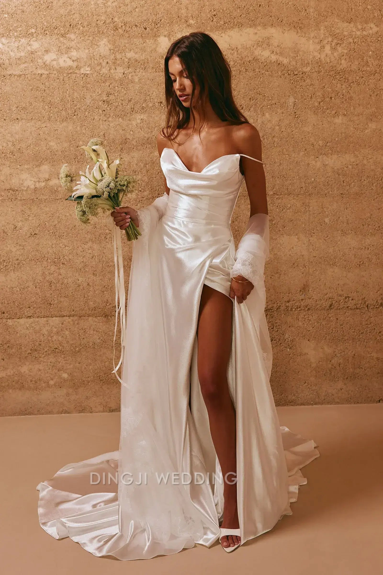 Elegant Sheath Cowl Neck Lace Sleeves High Slit Ivory Floor-Length Wedding Dress