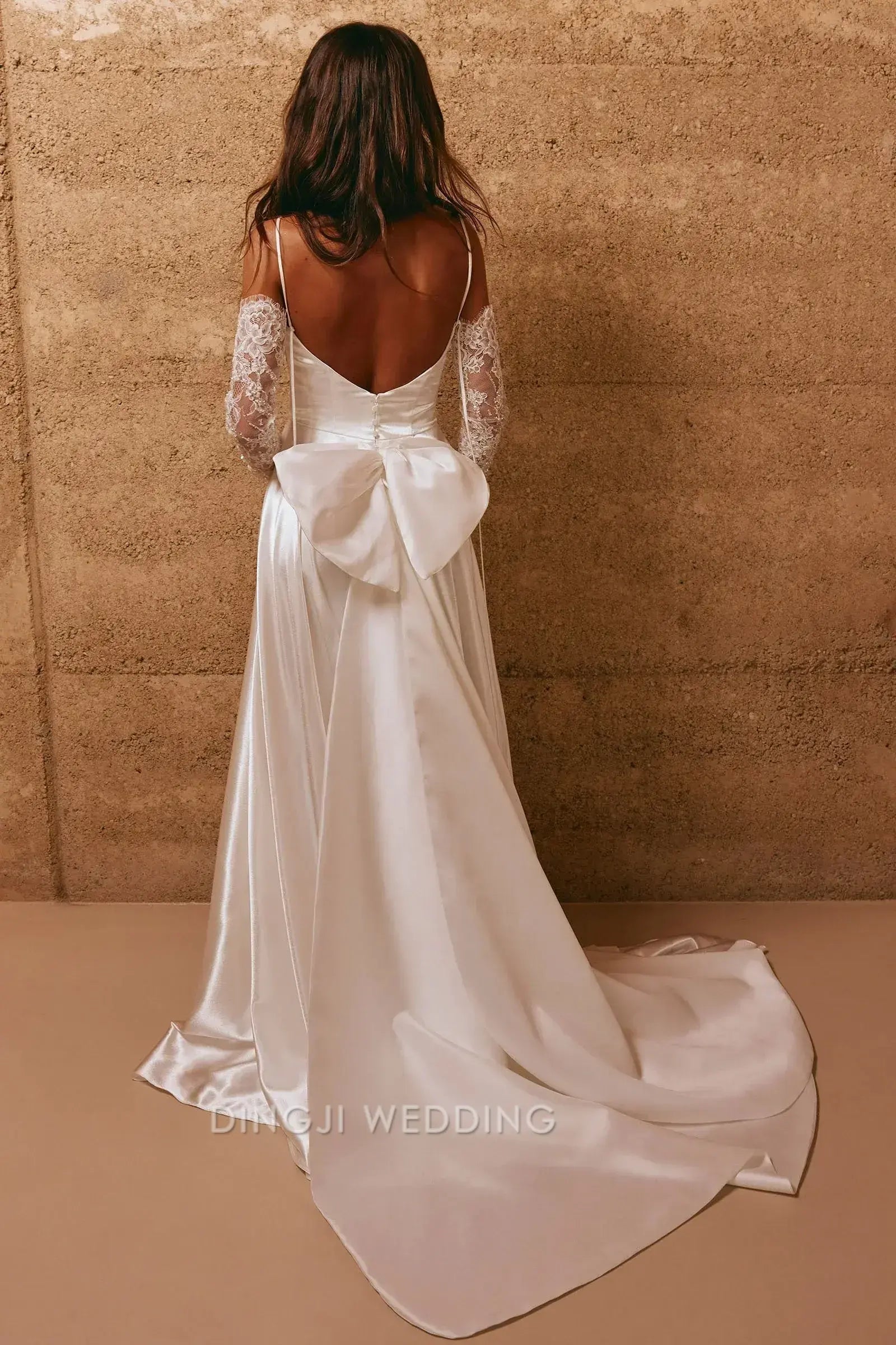 Elegant Sheath Cowl Neck Lace Sleeves High Slit Ivory Floor-Length Wedding Dress