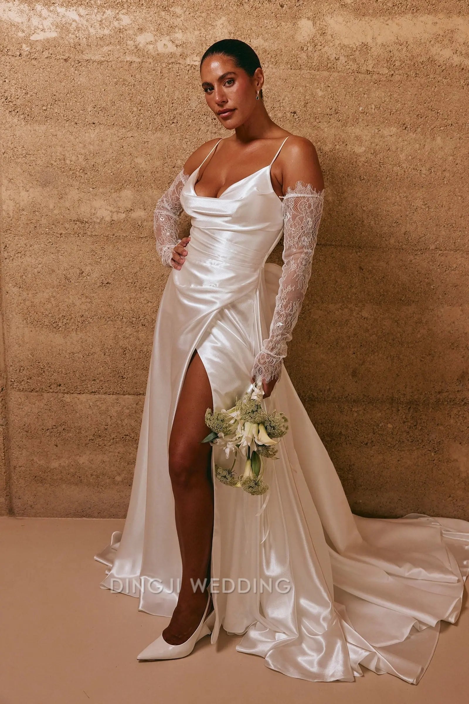 Elegant Sheath Cowl Neck Lace Sleeves High Slit Ivory Floor-Length Wedding Dress