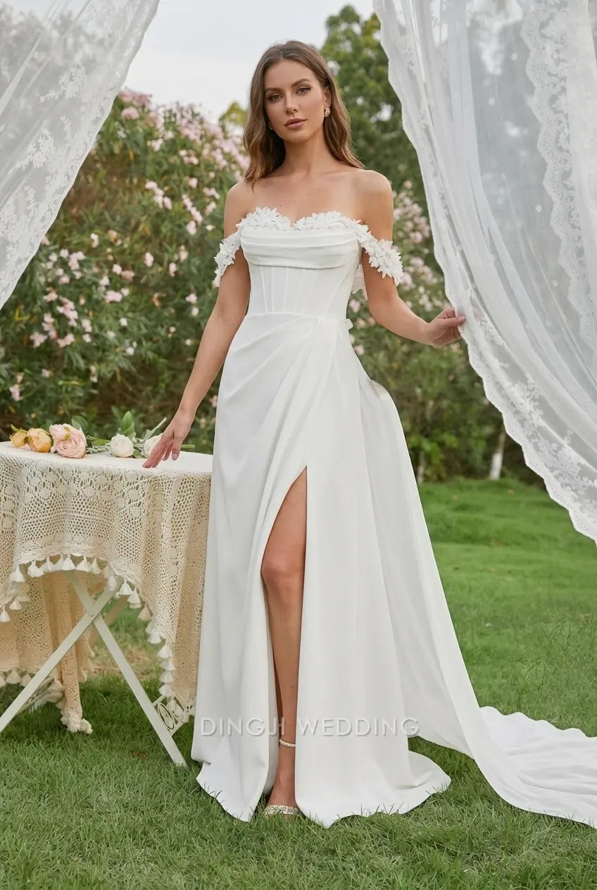 Elegant Sheath Off-Shoulder Sleeveless Floral Slit White Floor-Length Wedding Dresses Brides