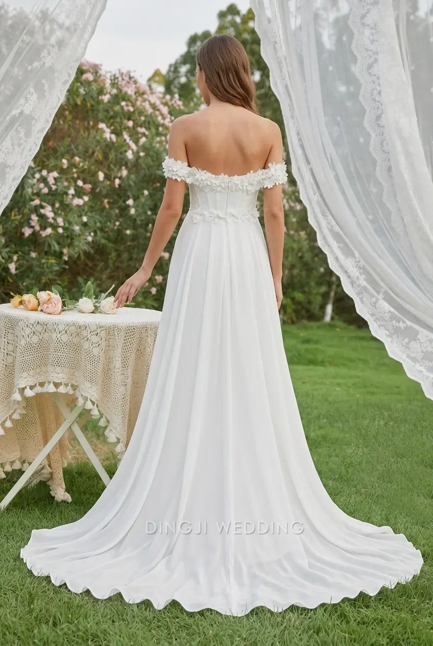Elegant Sheath Off-Shoulder Sleeveless Floral Slit White Floor-Length Wedding Dresses Brides