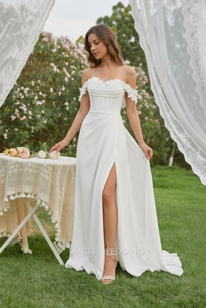 Elegant Sheath Off-Shoulder Sleeveless Floral Slit White Floor-Length Wedding Dresses Brides