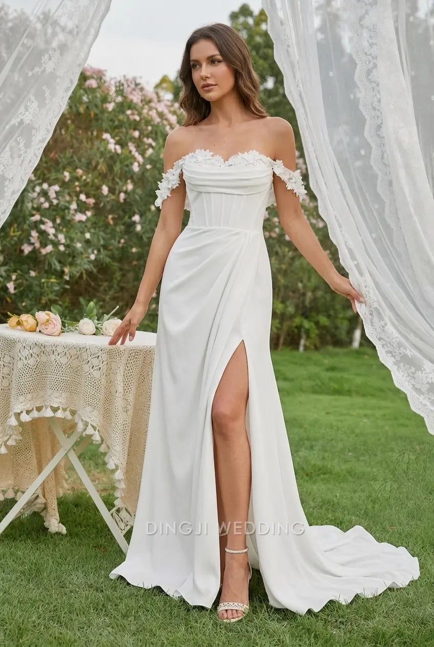 Elegant Sheath Off-Shoulder Sleeveless Floral Slit White Floor-Length Wedding Dresses Brides