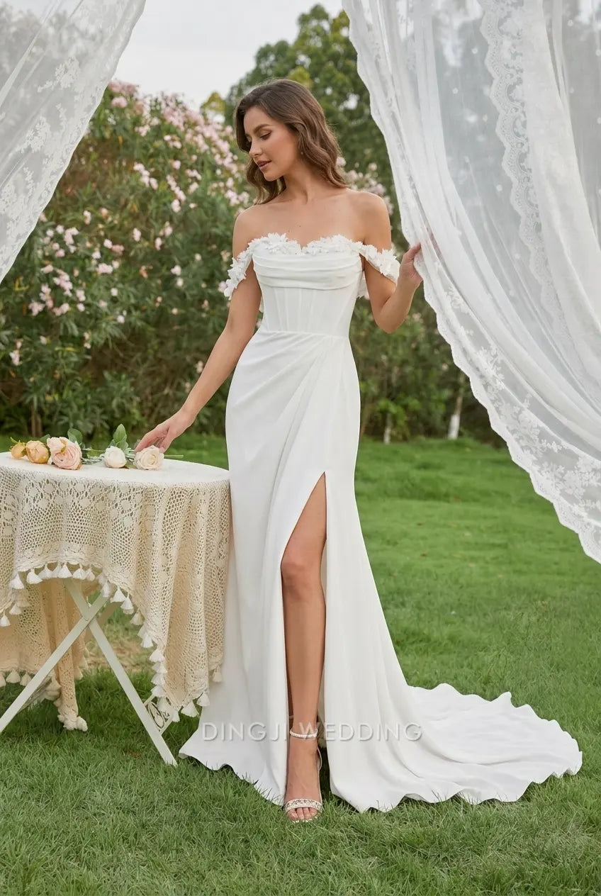 Elegant Sheath Off-Shoulder Sleeveless Floral Slit White Floor-Length Wedding Dresses Brides