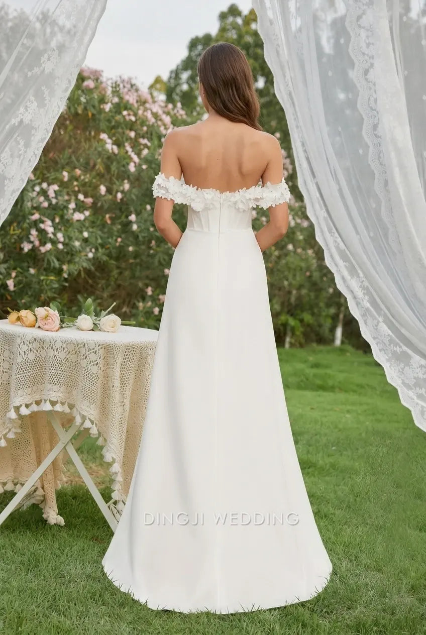 Elegant Sheath Off-Shoulder Sleeveless Floral Slit White Floor-Length Wedding Dresses Brides