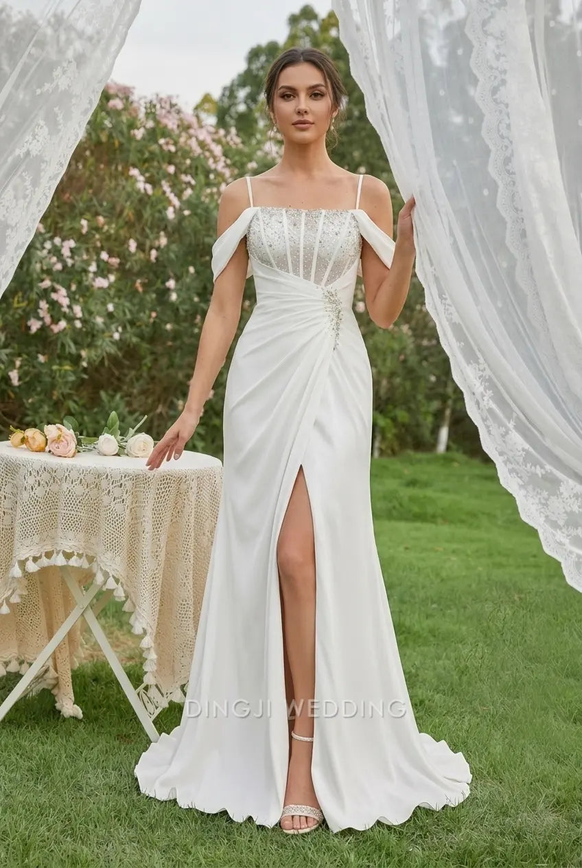 Elegant Sheath Square Neck Off-Shoulder Sparkling White Floor-Length Wedding Dresses Gown