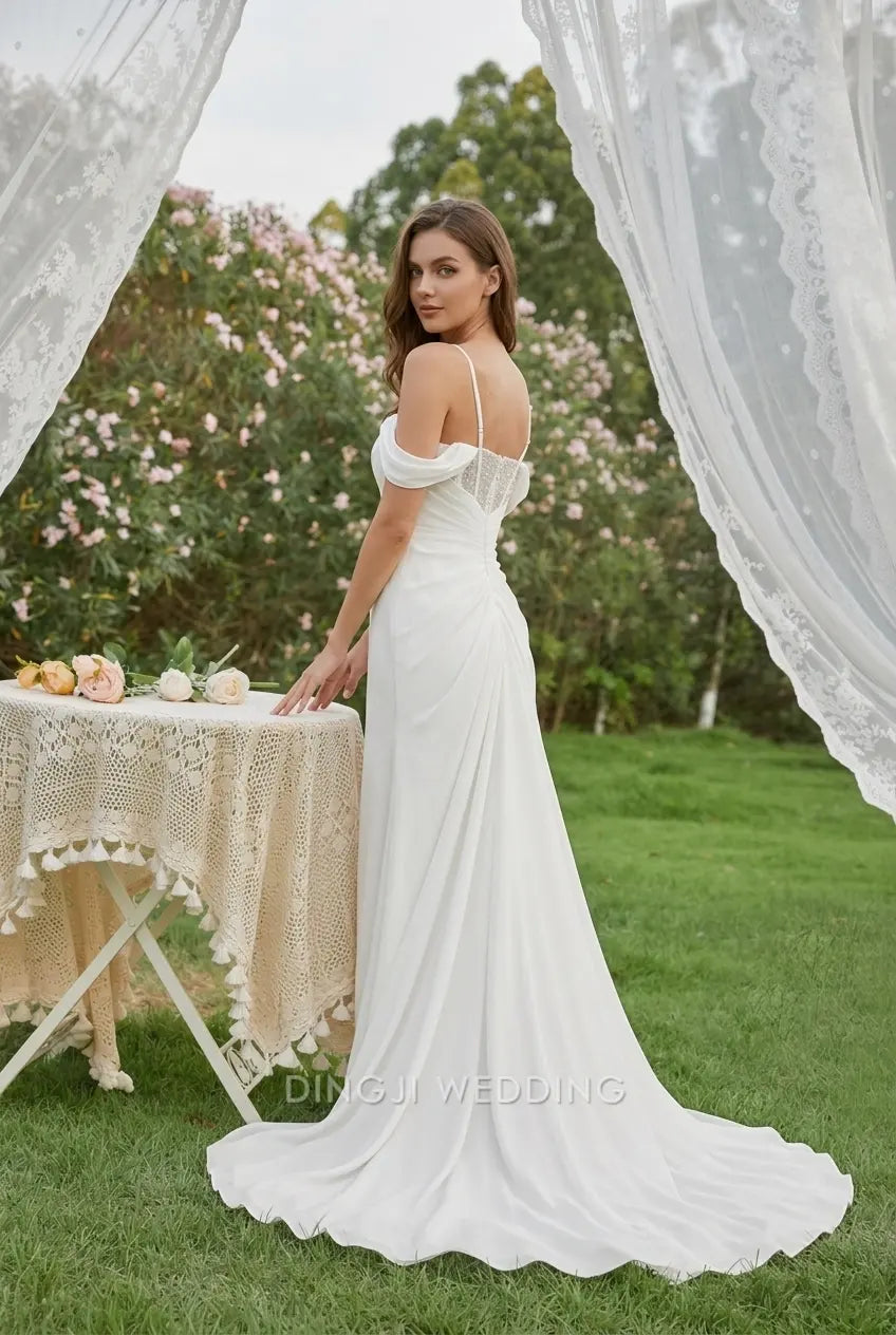 Elegant Sheath Square Neck Off-Shoulder Sparkling White Floor-Length Wedding Dresses Gown