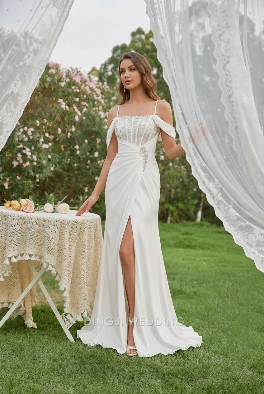 Elegant Sheath Square Neck Off-Shoulder Sparkling White Floor-Length Wedding Dresses Gown