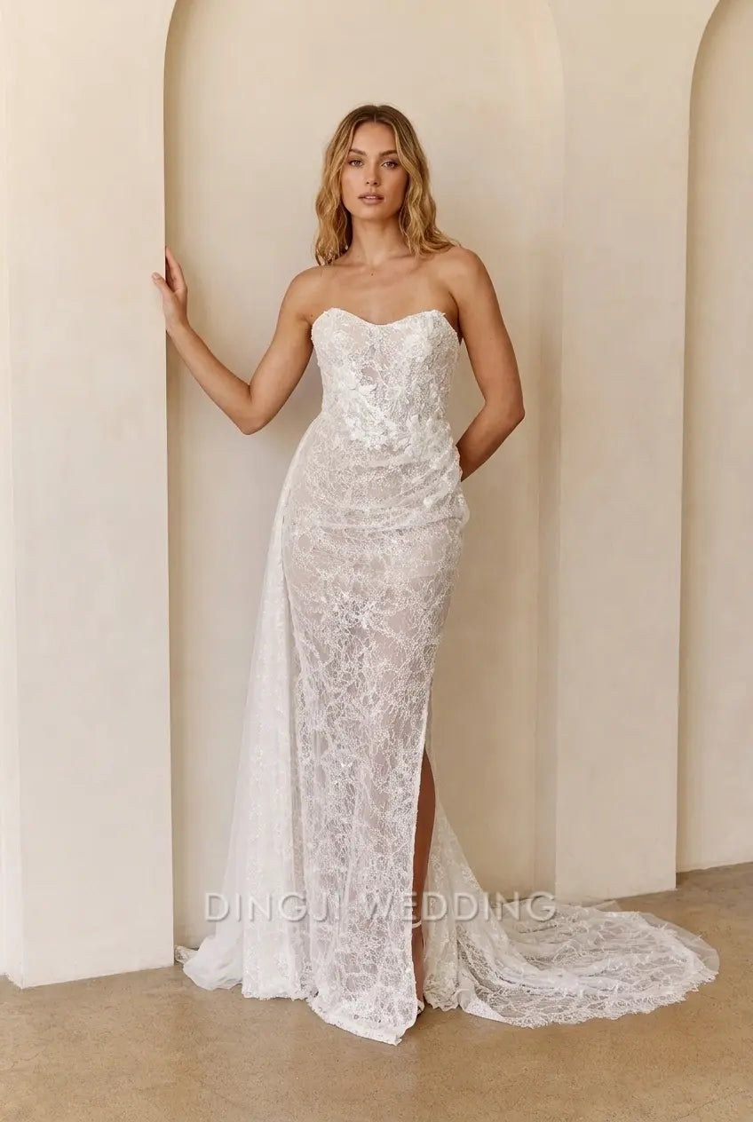 Elegant Sheath Sweetheart Lace Slit Ivory Floor-Length Wedding Dresses Bridal Gown