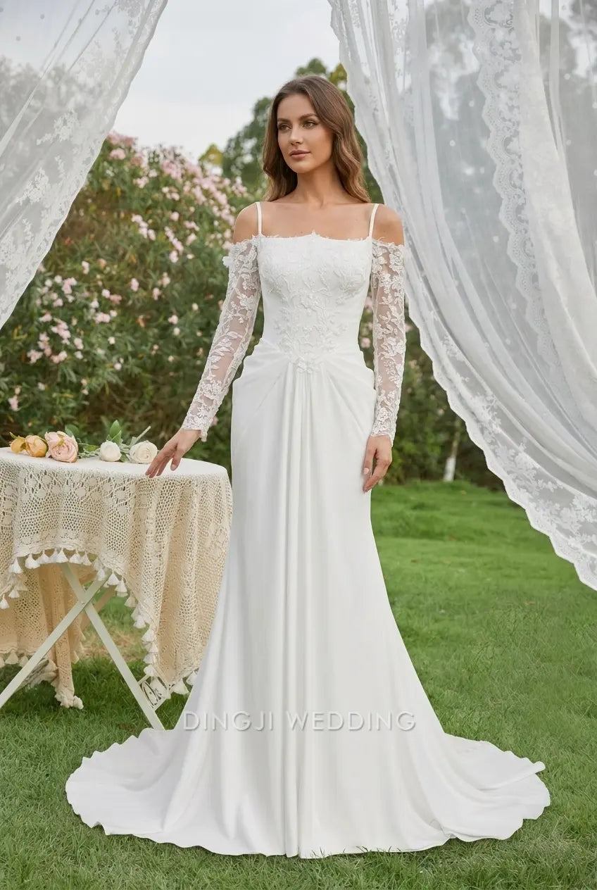 Elegant Sheath Sweetheart Off-Shoulder Long Sleeve Delicate Lace White Floor-Length Wedding Dresses