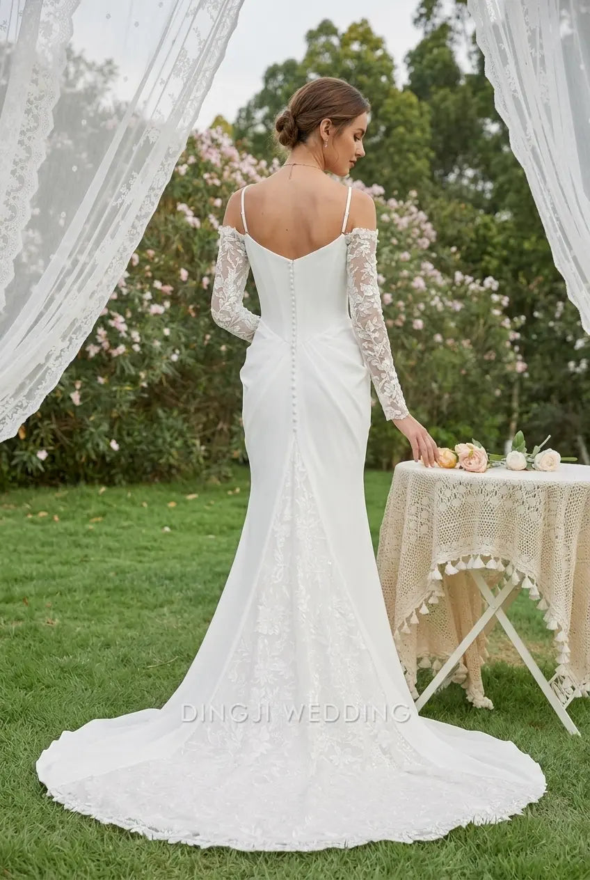 Elegant Sheath Sweetheart Off-Shoulder Long Sleeve Delicate Lace White Floor-Length Wedding Dresses