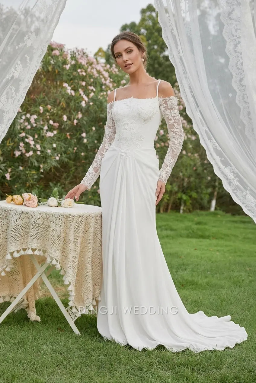 Elegant Sheath Sweetheart Off-Shoulder Long Sleeve Delicate Lace White Floor-Length Wedding Dresses