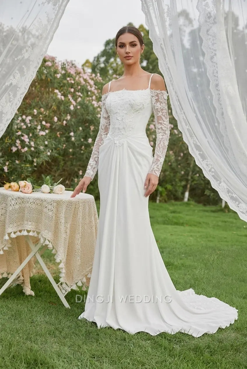 Elegant Sheath Sweetheart Off-Shoulder Long Sleeve Delicate Lace White Floor-Length Wedding Dresses