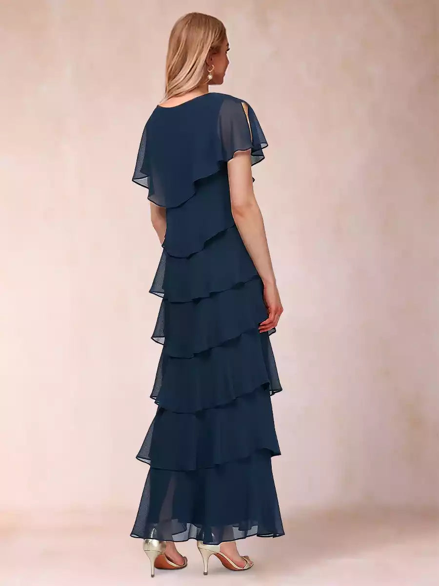 Elegant and charming slim fit/straight V-neck short sleeved ruffle edge slim fit long Mother of the Bride Dresses