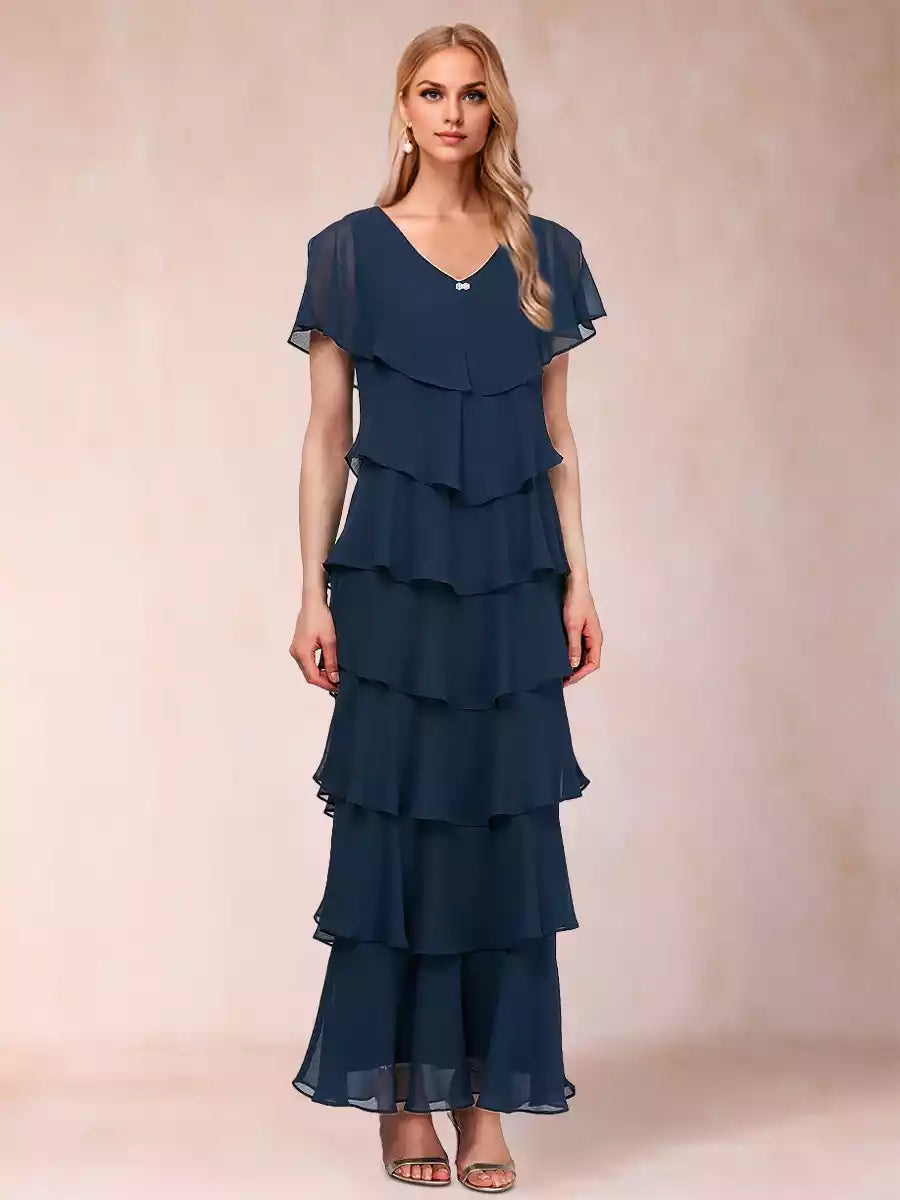 Elegant and charming slim fit/straight V-neck short sleeved ruffle edge slim fit long Mother of the Bride Dresses