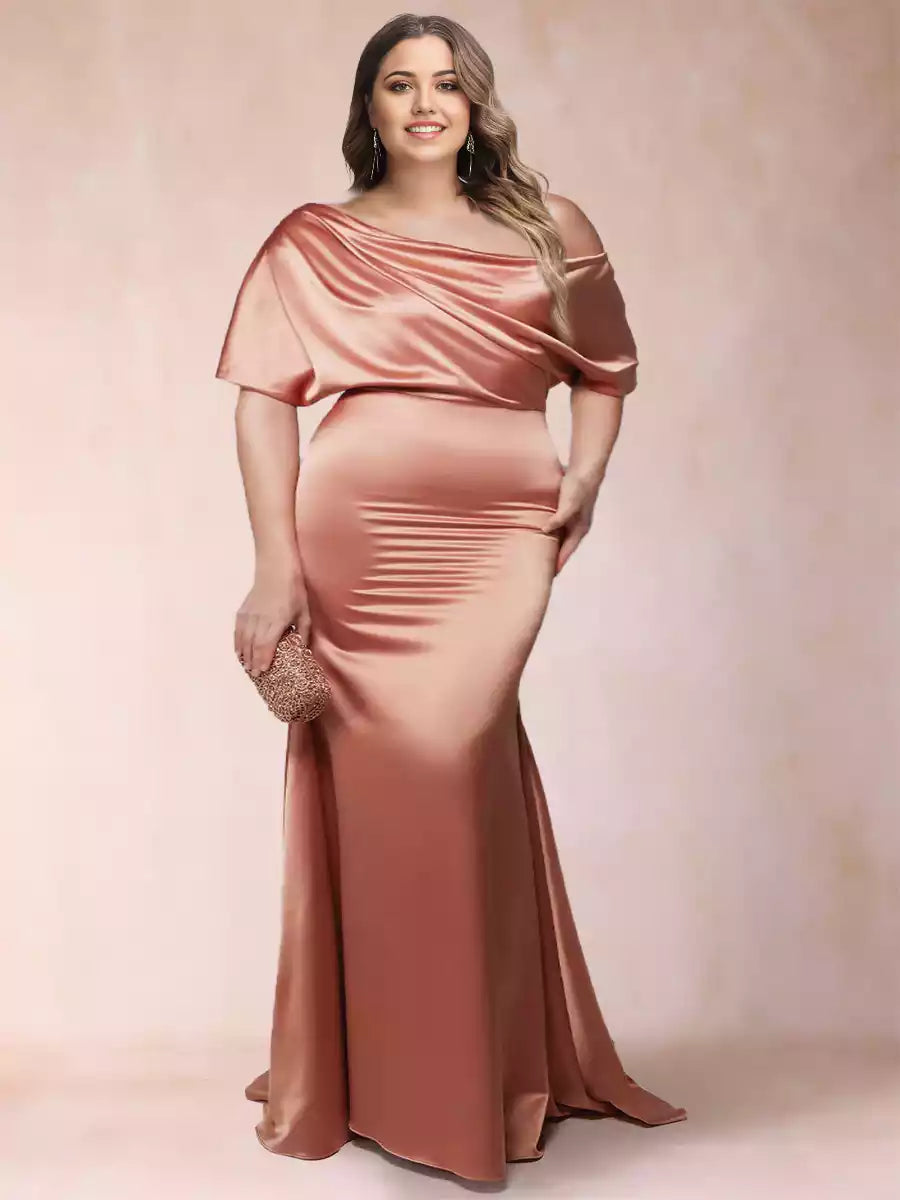Elegant and charming trumpet/mermaid one shoulder short sleeved pleated elegant plus size Mother of the Bride Dresses