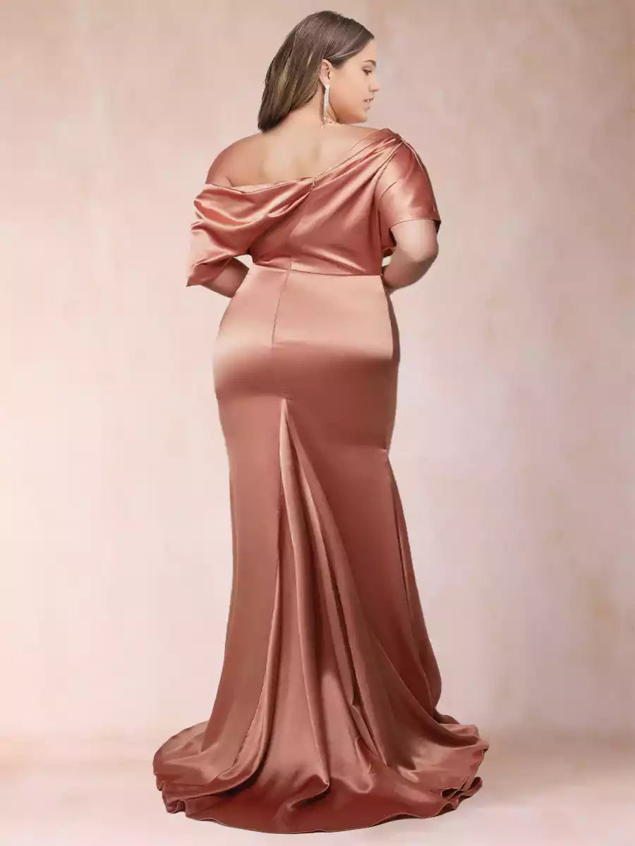 Elegant and charming trumpet/mermaid one shoulder short sleeved pleated elegant plus size Mother of the Bride Dresses