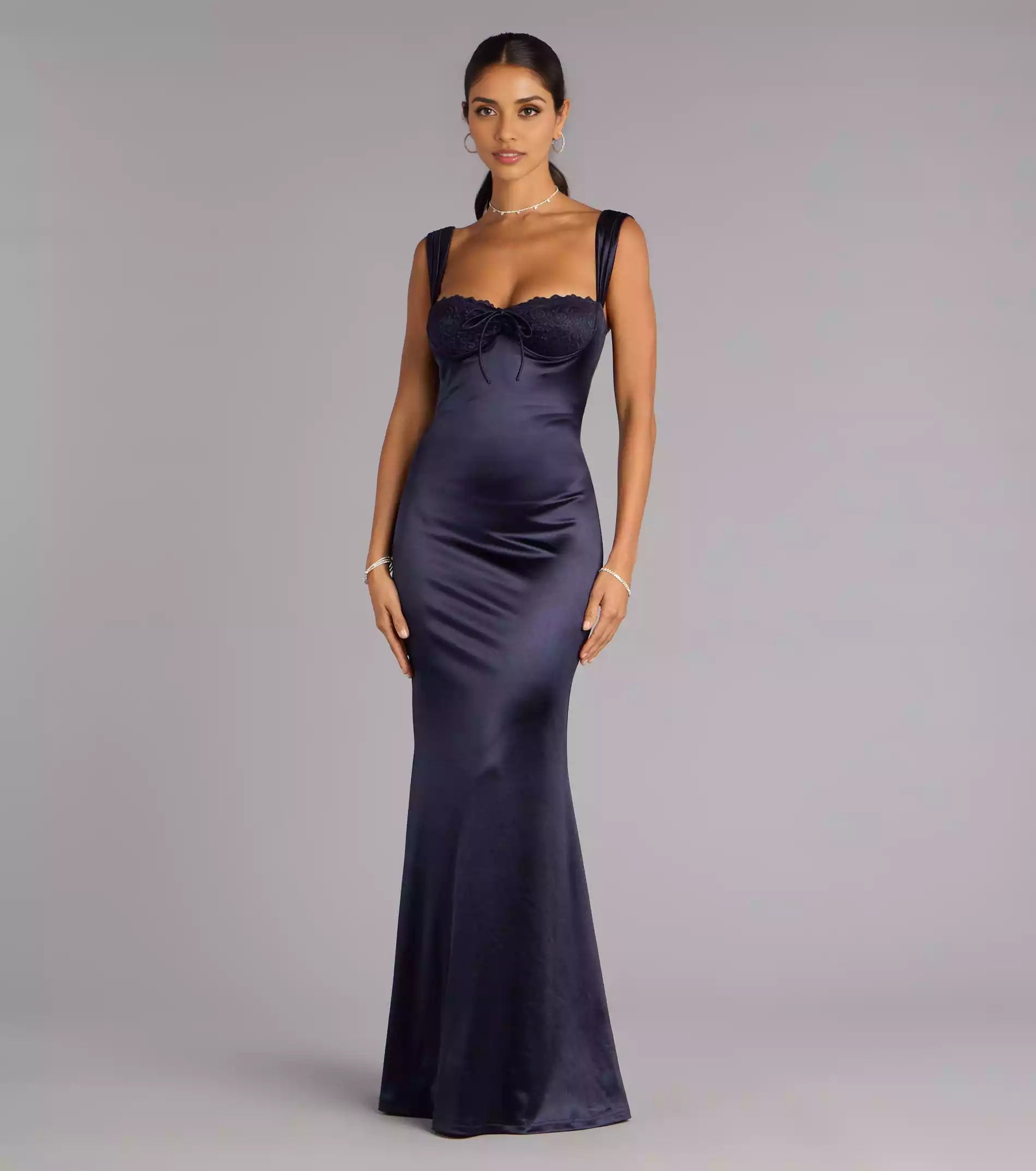 Elegant and exquisite elastic satin knit lining, lace heart-shaped neckline, chest tie, mermaid silhouette Prom Dresses