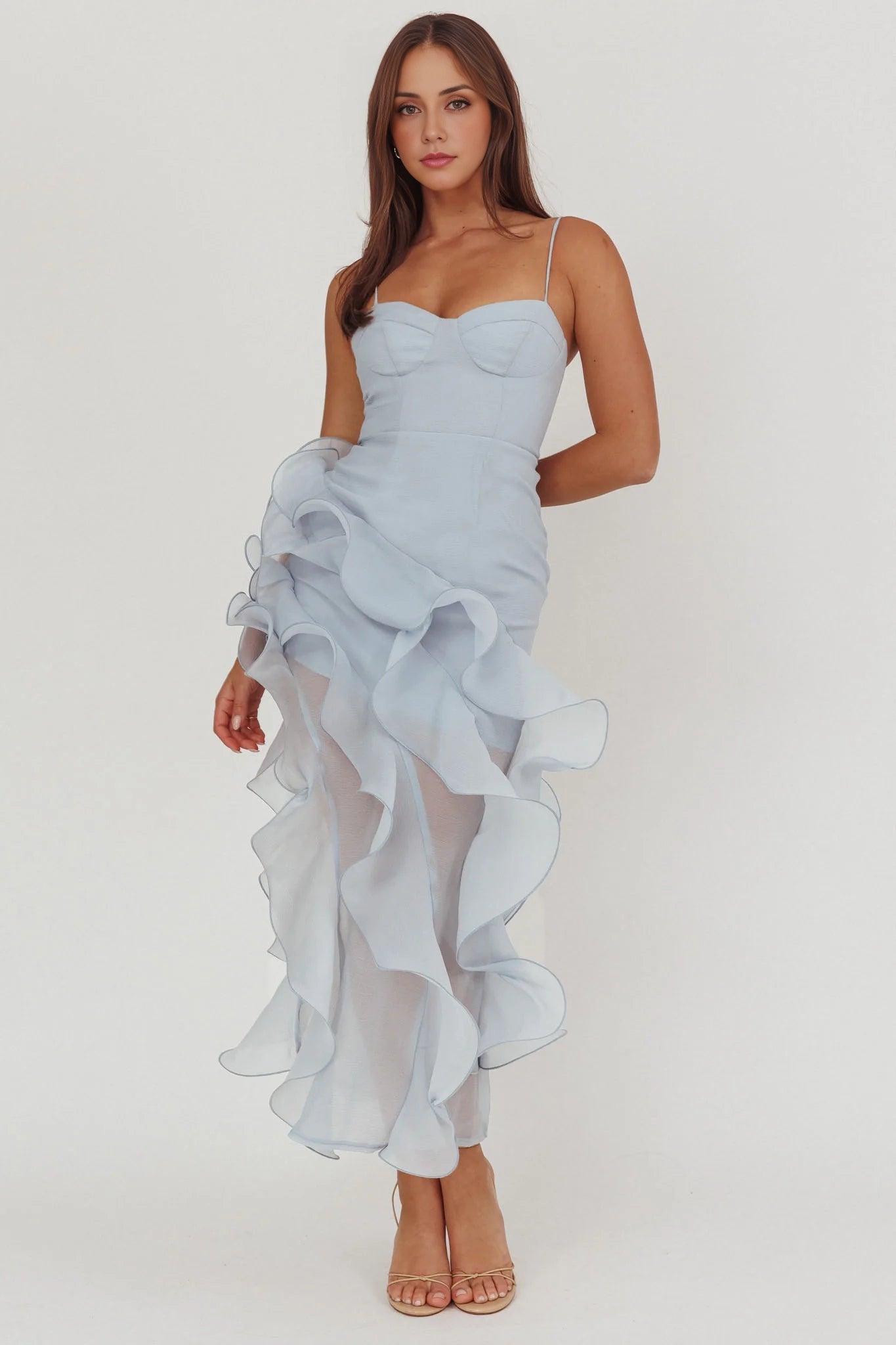 Elegant asymmetrical ruffled short sleeveless bridesmaid dress