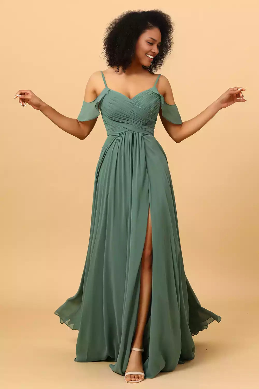 Elegant chiffon off shoulder deep V-neck pleated thin shoulder straps and Bridesmaid Dresses on the ground