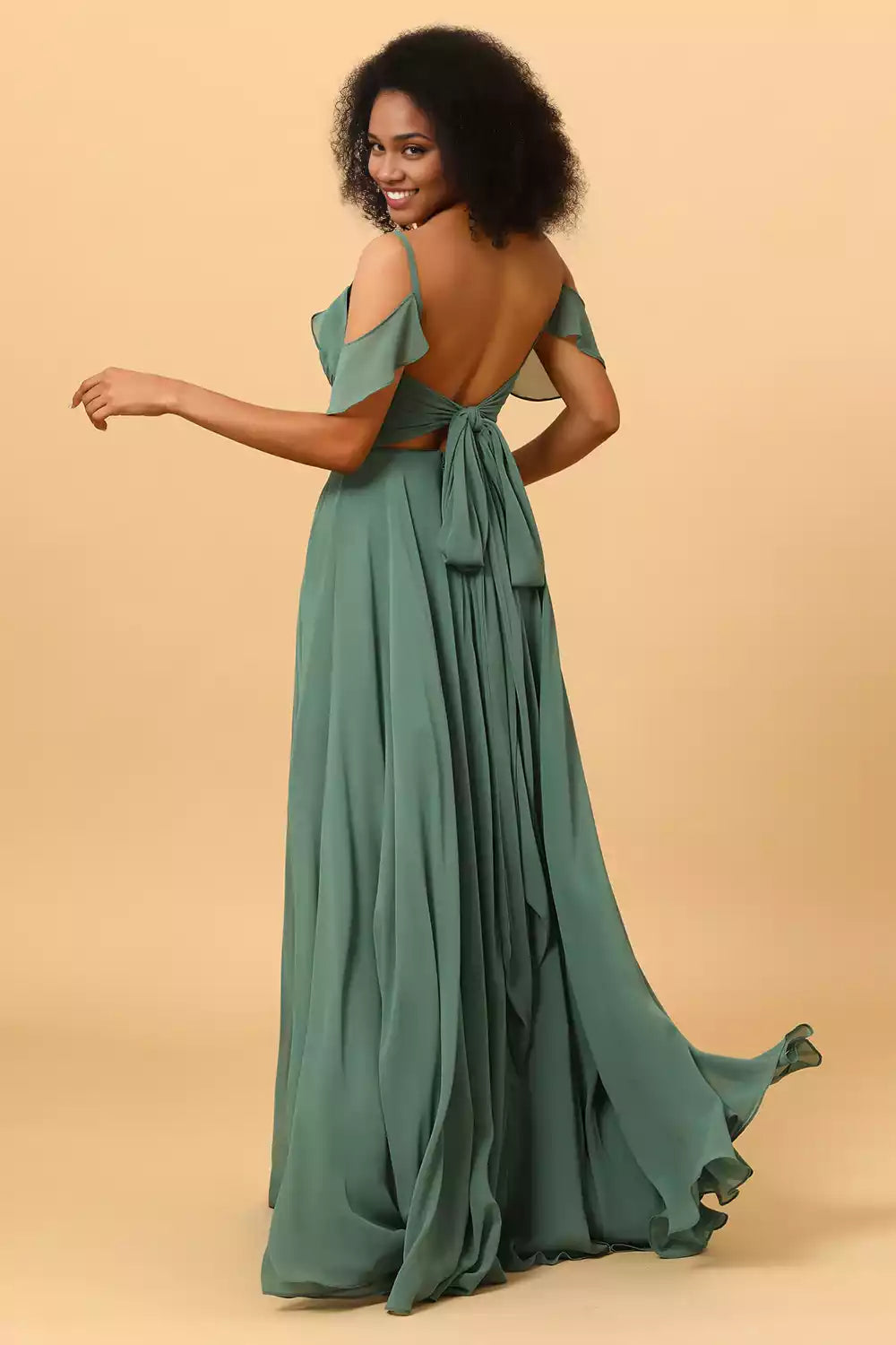 Elegant chiffon off shoulder deep V-neck pleated thin shoulder straps and Bridesmaid Dresses on the ground