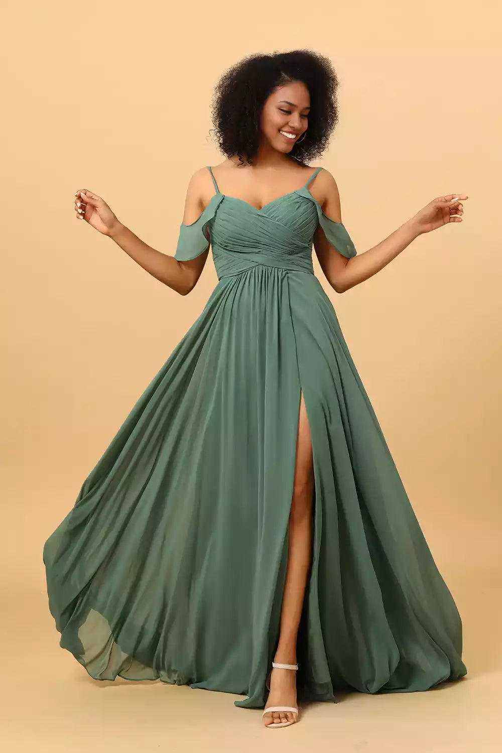Elegant chiffon off shoulder deep V-neck pleated thin shoulder straps and Bridesmaid Dresses on the ground