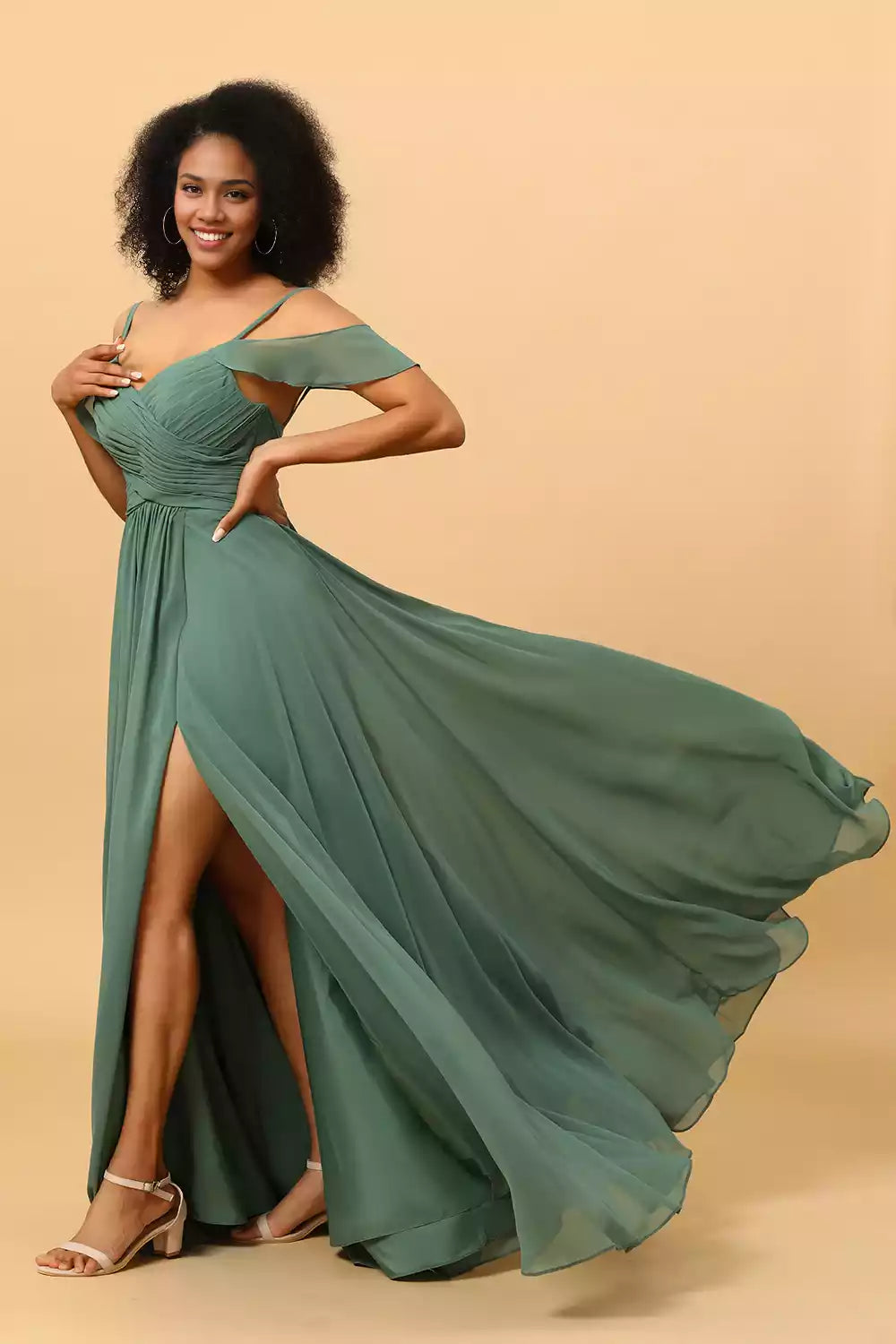 Elegant chiffon off shoulder deep V-neck pleated thin shoulder straps and Bridesmaid Dresses on the ground