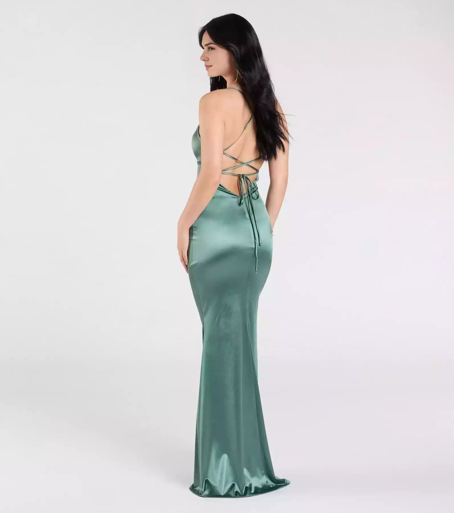 Elegant elastic satin knitted thin shoulder strap V-neck back strap mermaid and floor Prom Dresses
