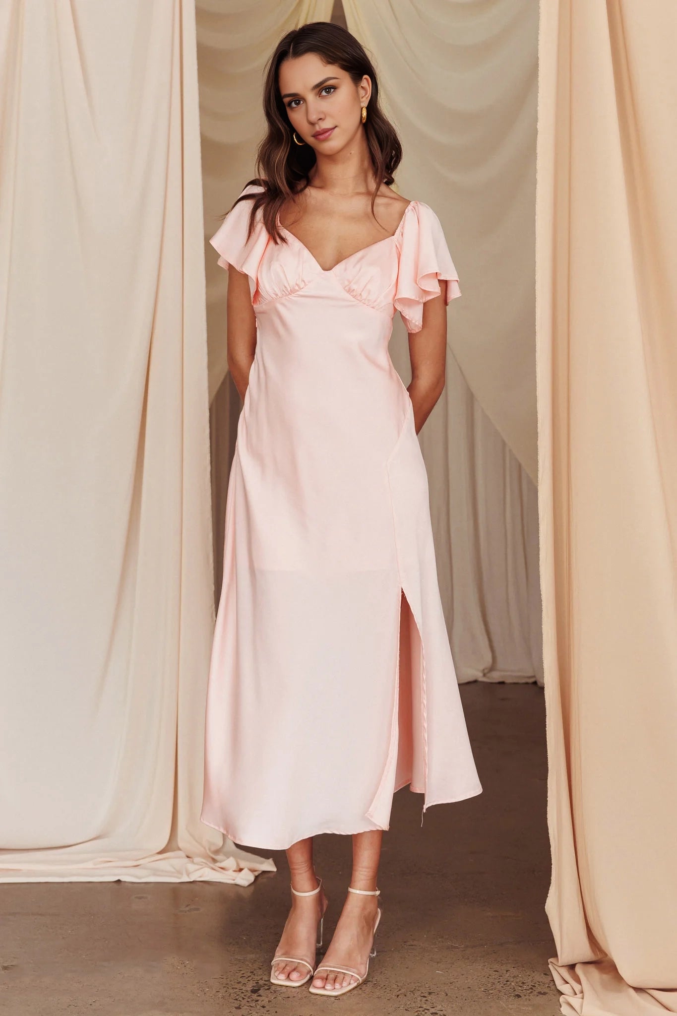 Elegant flowing sleeves with side slits, medium length ruffle sleeves, Homecoming Dresses