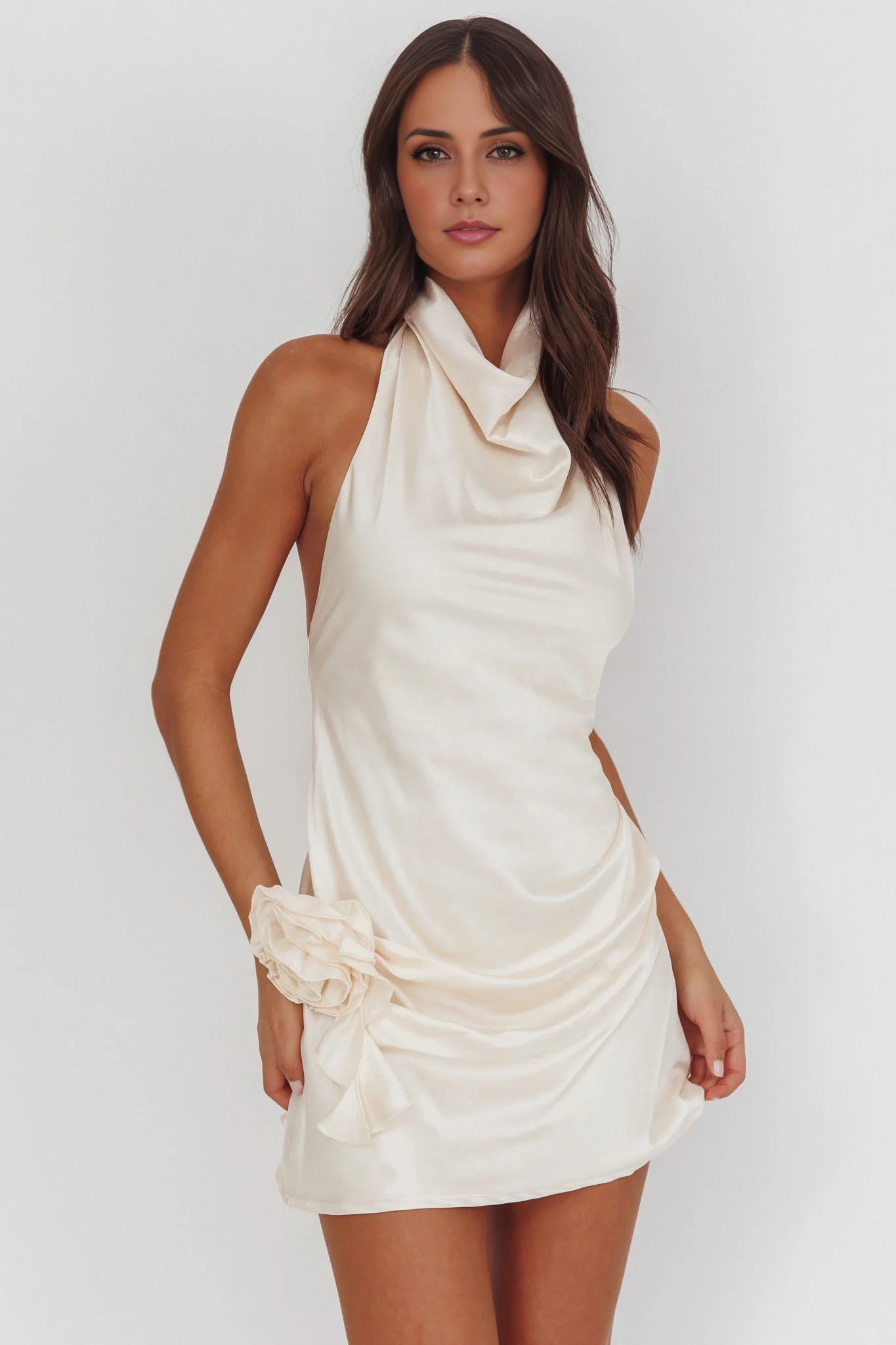 Elegant high neck hanging neck mini floral embellishment bridesmaid dress