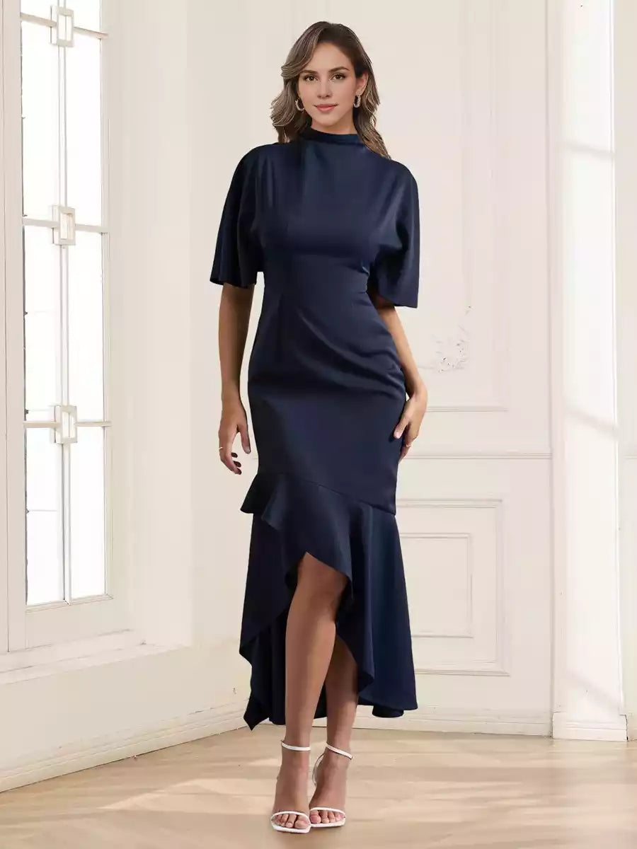 Elegant high neck ruffle sleeves asymmetrical slim fit/straight cut Mother of the Bride Dresses