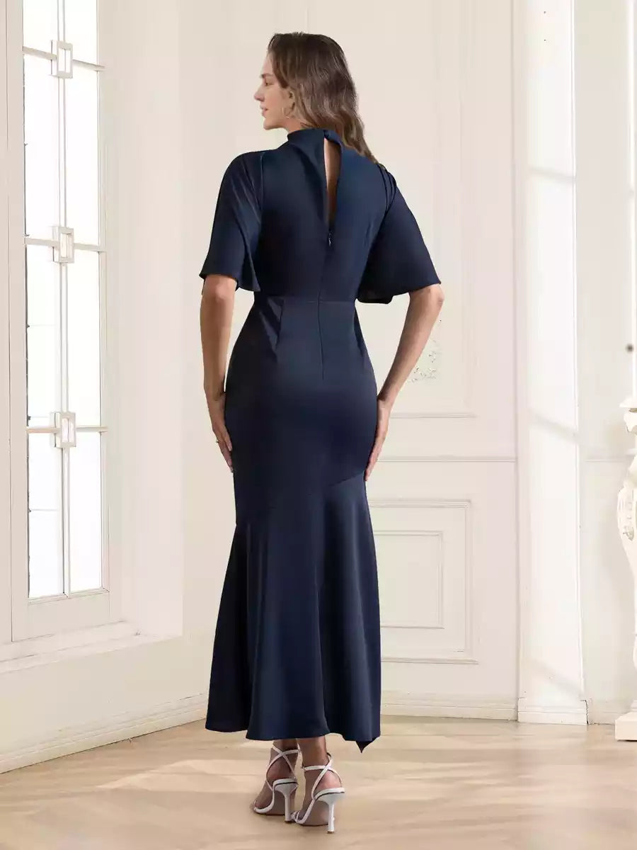 Elegant high neck ruffle sleeves asymmetrical slim fit/straight cut Mother of the Bride Dresses