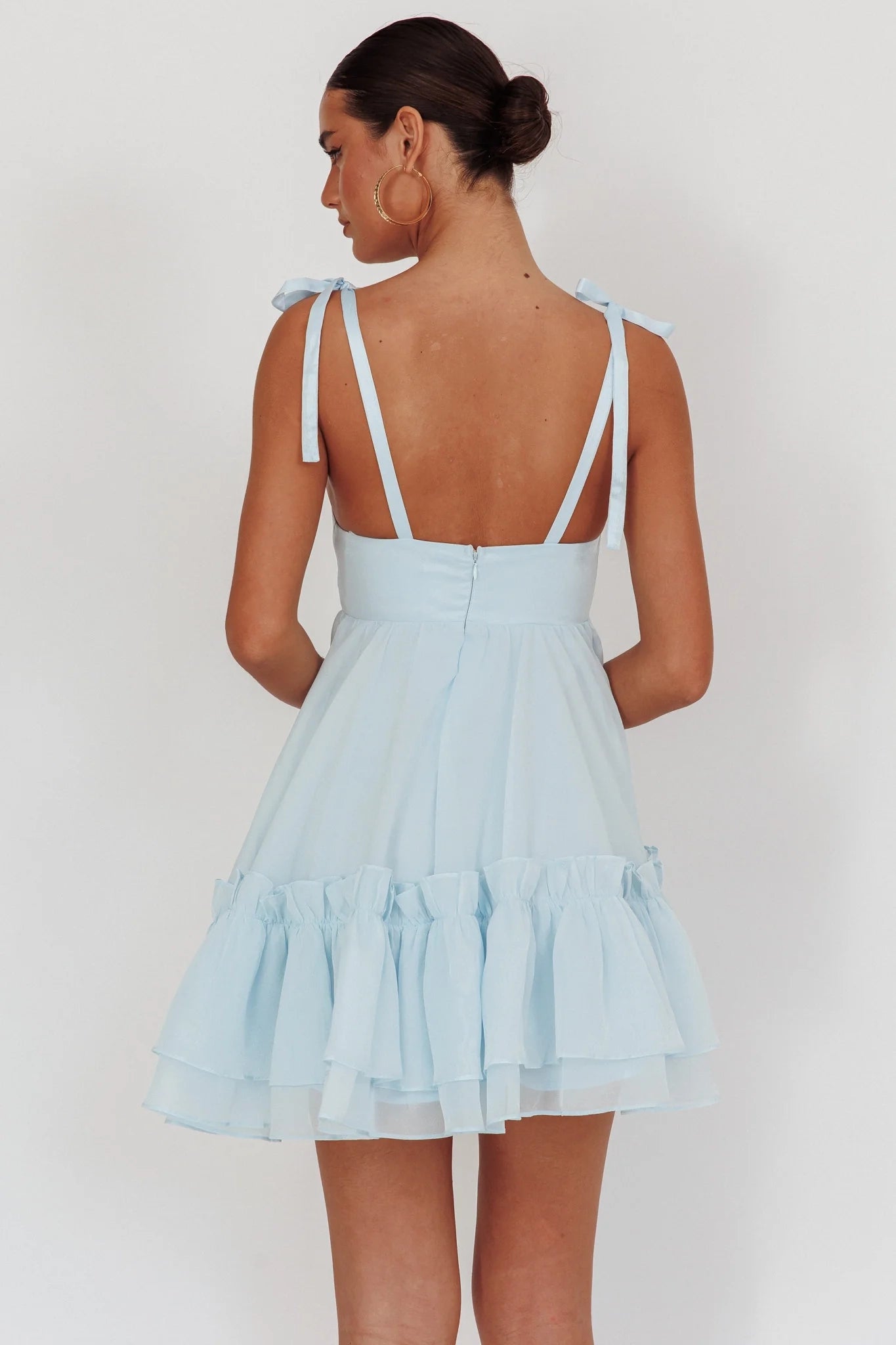 Elegant lace up shoulder square neckline with layered pleats, hem with zipper at the back Homecoming Dresses