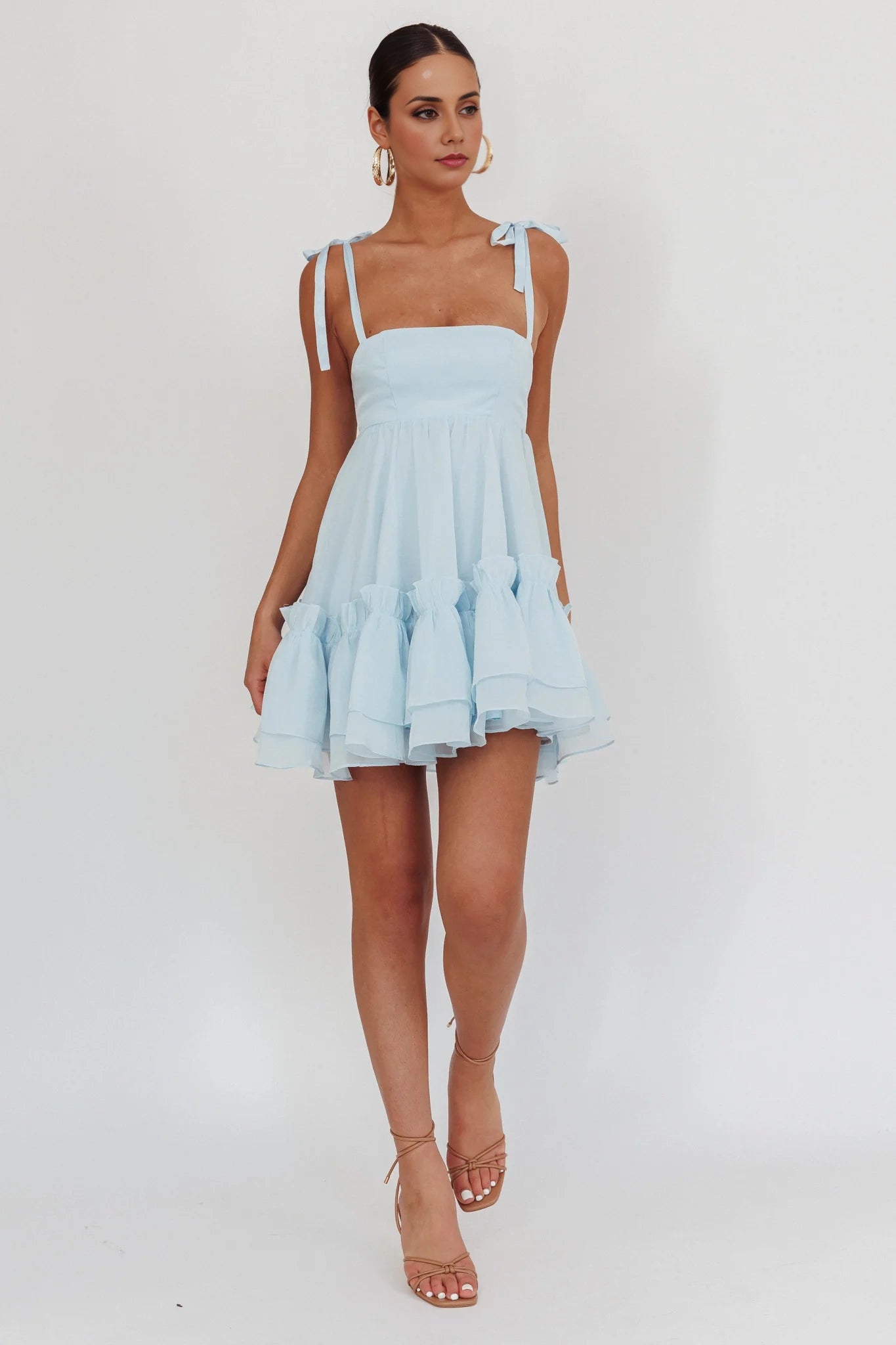 Elegant lace up shoulder square neckline with layered pleats, hem with zipper at the back Homecoming Dresses