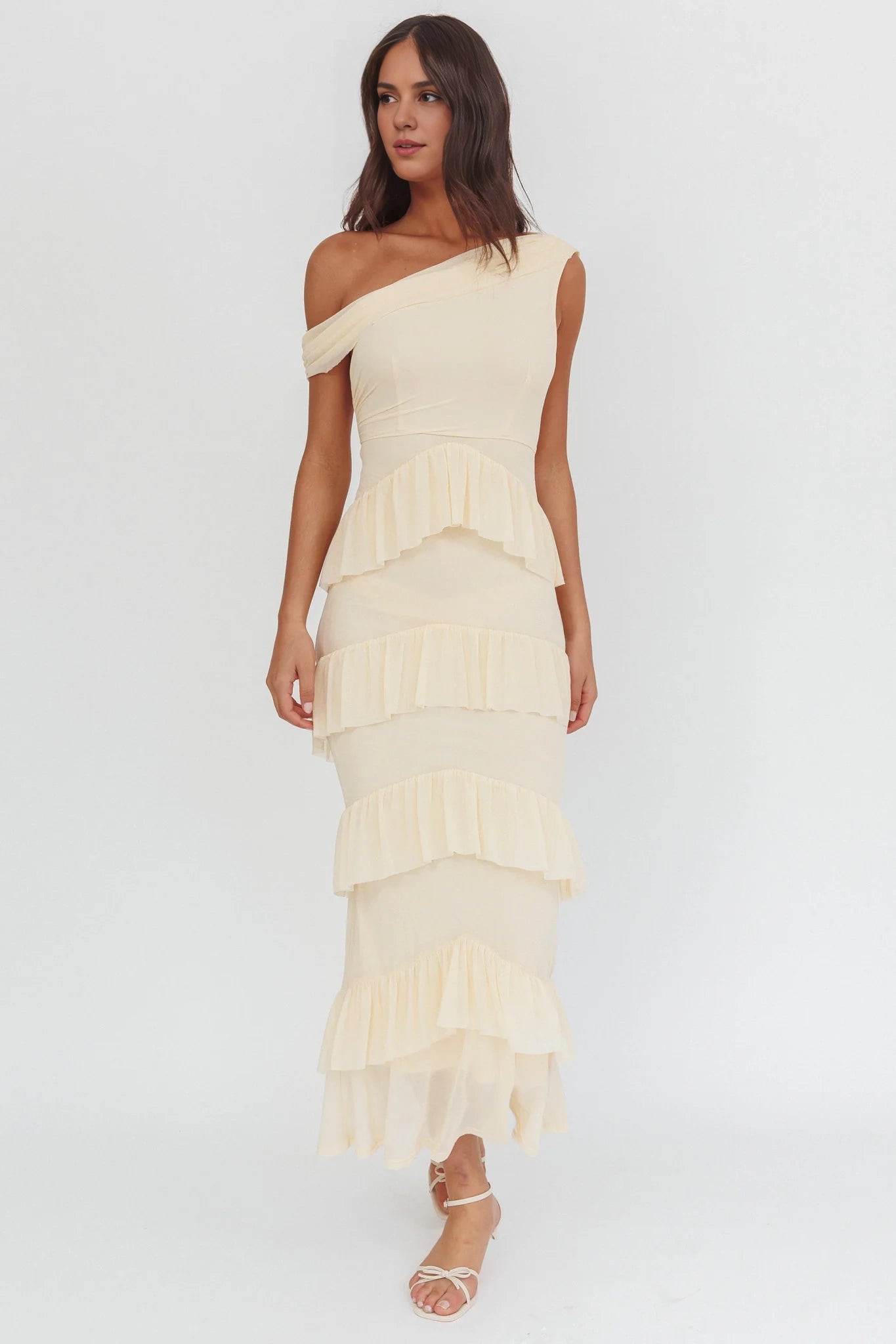 Elegant layered pleated asymmetrical neckline with ruffle edges Homecoming Dresses