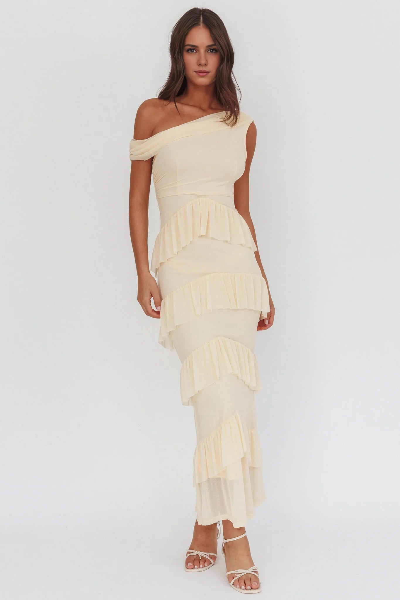 Elegant layered pleated asymmetrical neckline with ruffle edges Homecoming Dresses