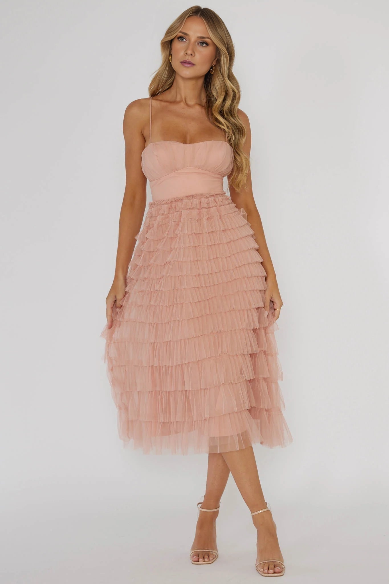 Elegant layered ruffle edge with medium to long ruffle details and back strap Homecoming Dresses