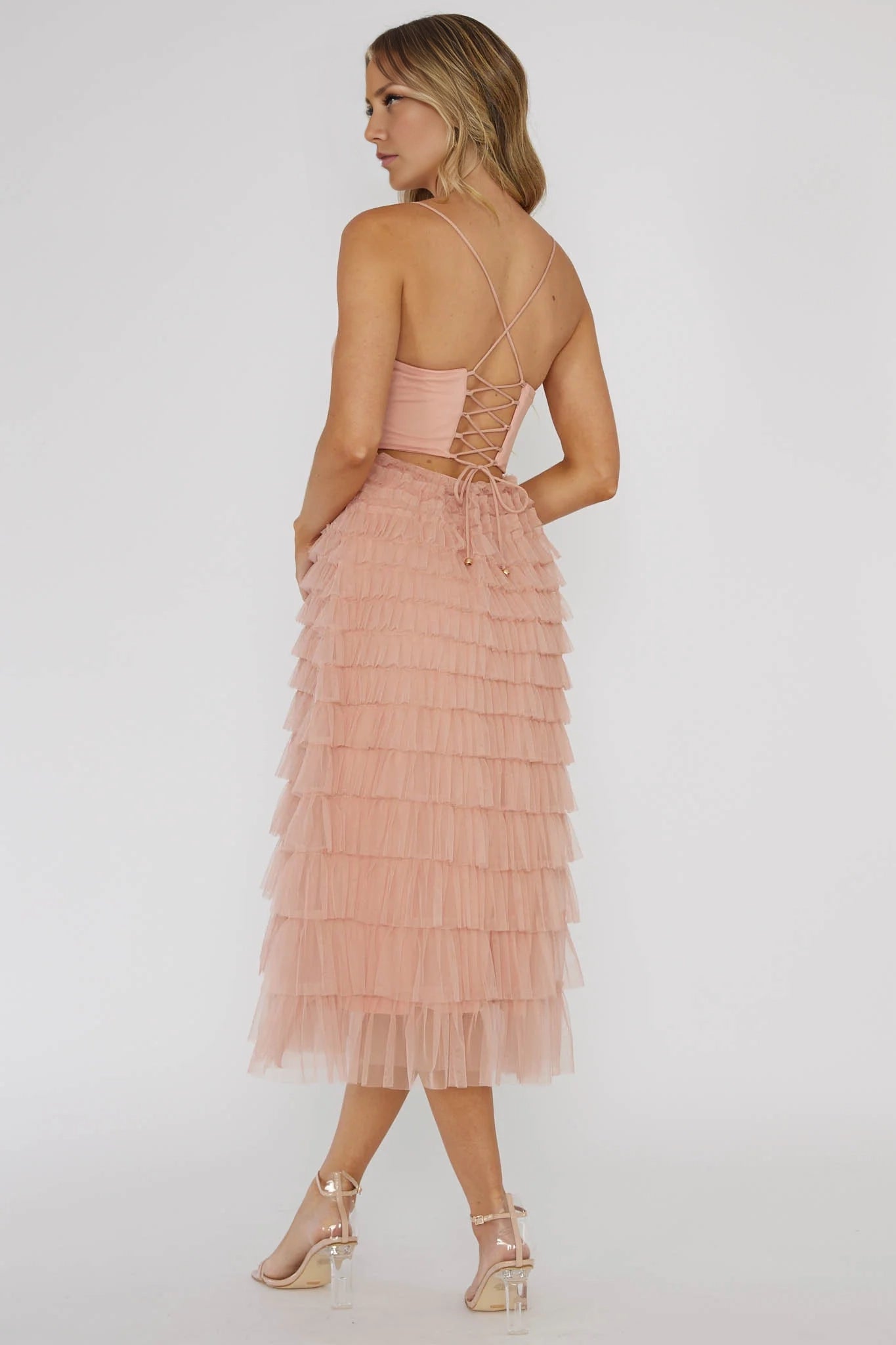 Elegant layered ruffle edge with medium to long ruffle details and back strap Homecoming Dresses