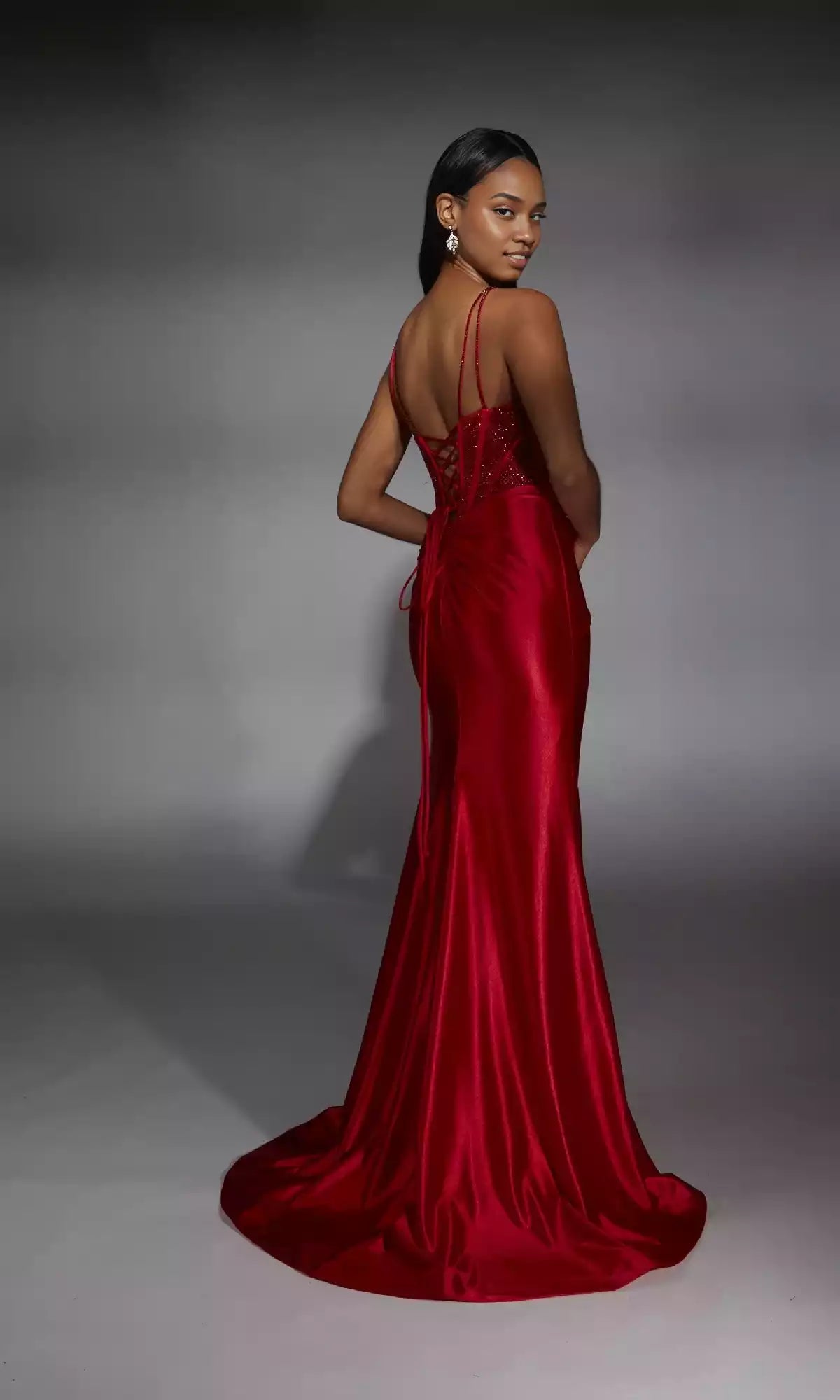 Elegant long stretch satin tight corset with back straps and front leg slits Prom Dresses