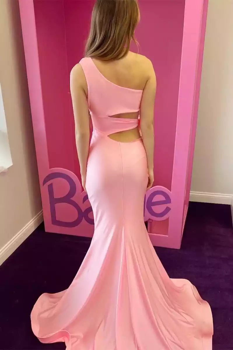 Elegant mermaid elastic satin single shoulder neckline sleeveless bow zipper back Prom Dresses