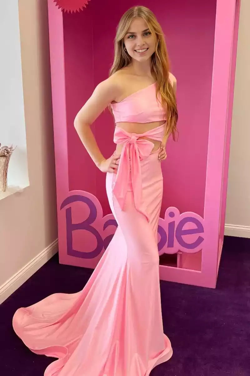 Elegant mermaid elastic satin single shoulder neckline sleeveless bow zipper back Prom Dresses