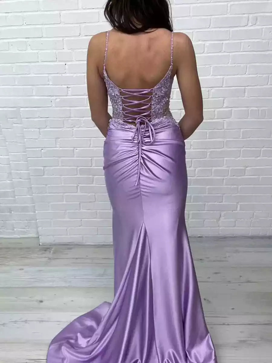 Elegant mermaid satin V-neck sleeveless lace applique tie back Prom Dresses