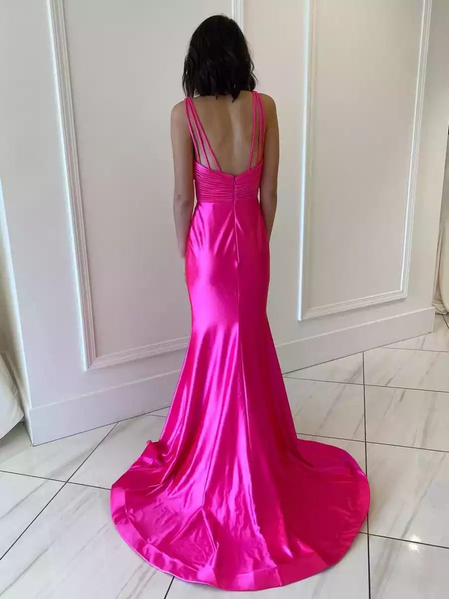 Elegant mermaid satin V-neck sleeveless pleated zipper back Prom Dresses